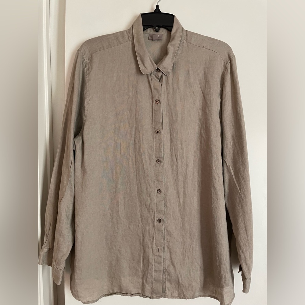 Men’s L: J Jill Pure Linen Long Sleeve Button Down Shirt Natural Taupe/Tan NWOT